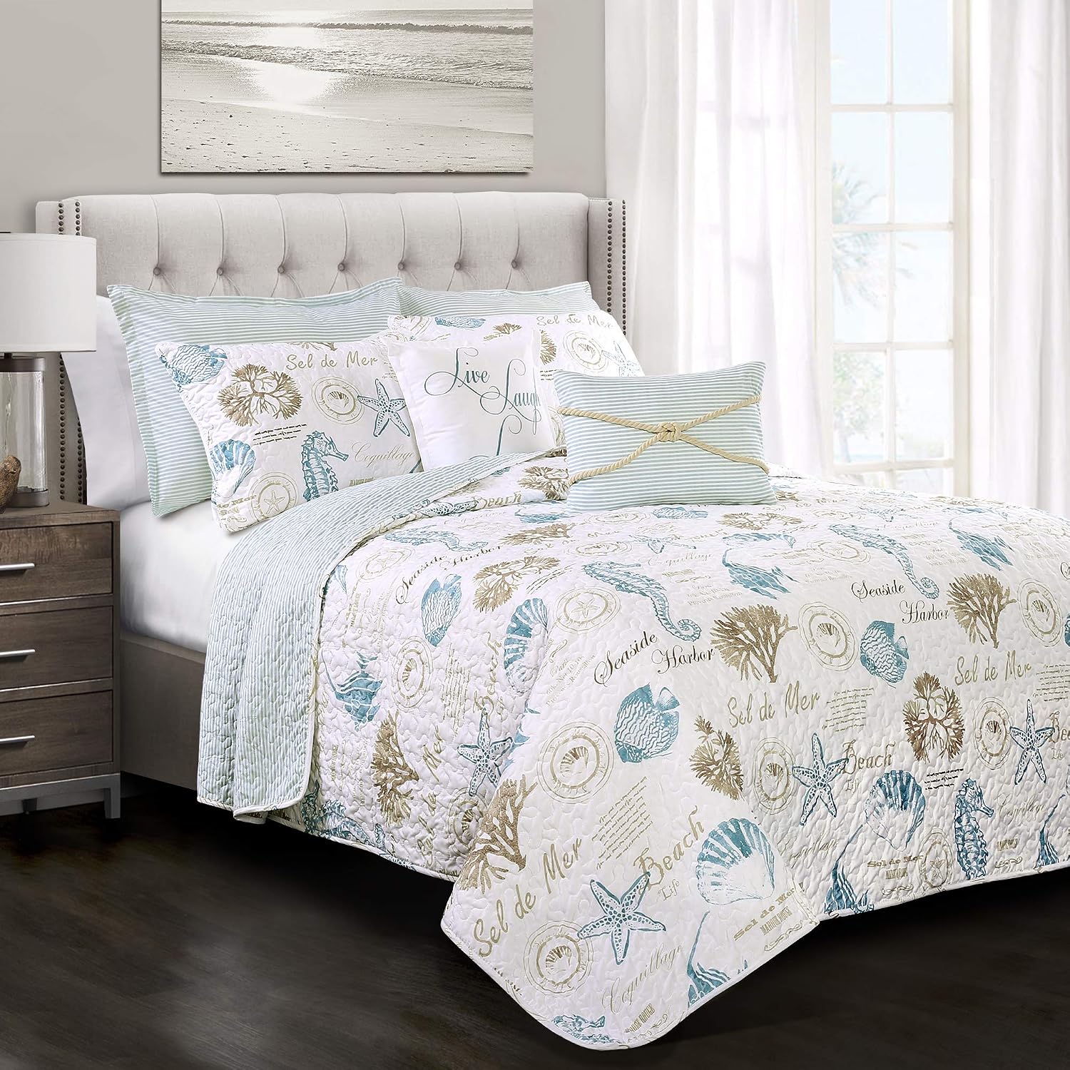 Lush Decor Harbor Life Reversible Quilt Set, 7 Piece Set, Full/ Queen, Blue & Taupe - Blue Quilt Queen Bedding Set - Coastal Decor - Nautical Bedding - Beach House