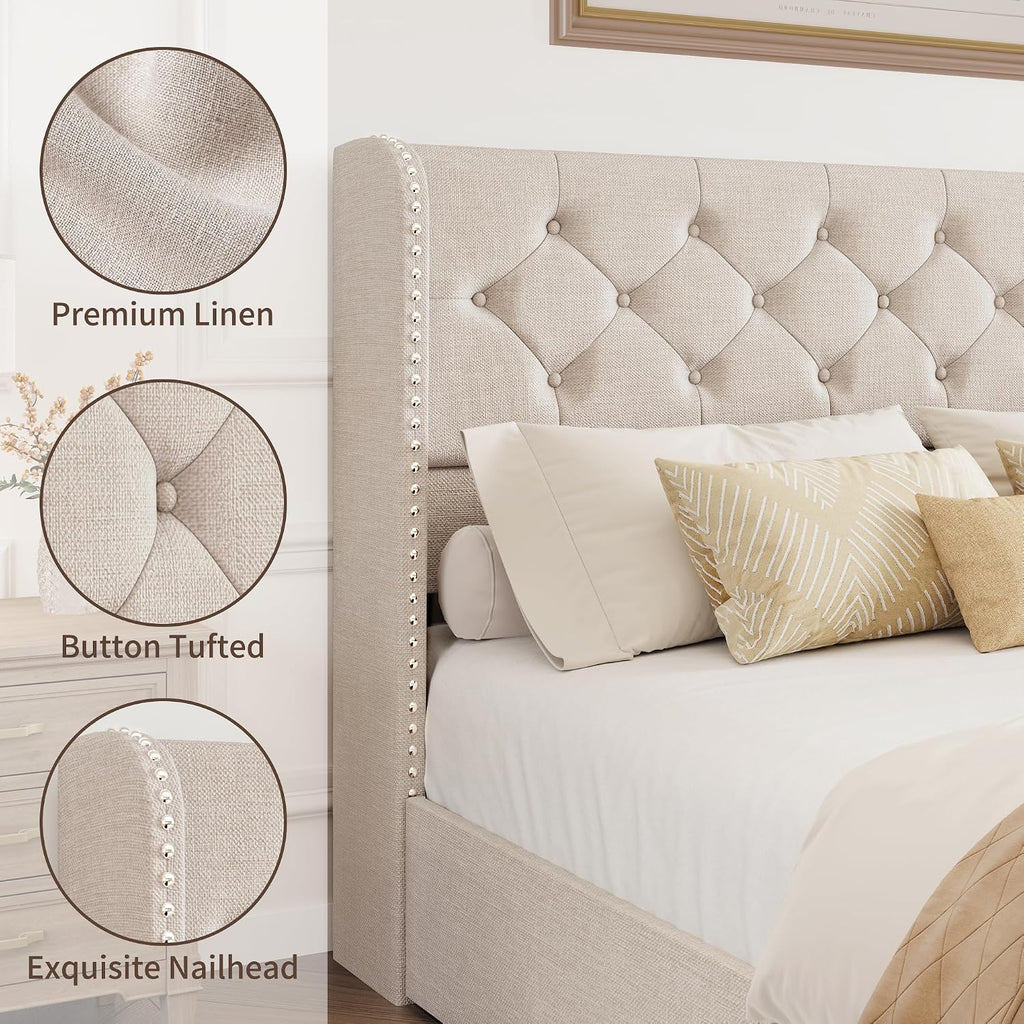 BRELTAM Queen Size Bed Frame with Storage Drawers and Wingback Headboard Linen Upholstered Platform Bed Frame Tufted Beds with Heavy Duty Wood Slats, Noise Free, Easy Assembly, Beige