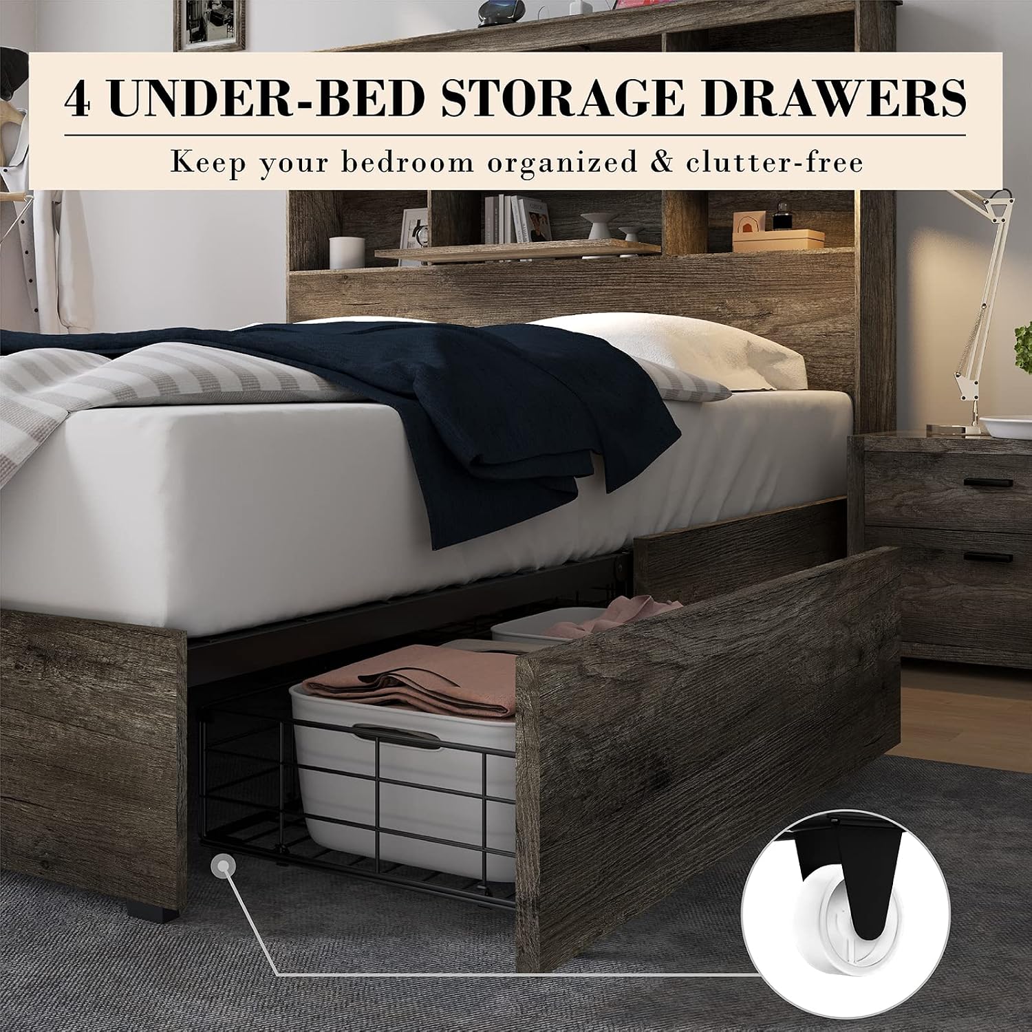 AMERLIFE King Size Bed Frame Wooden Platform Bed with 51.2' Storage LED Bookcase Headboard, 4 Storage Drawers & Charging Station/No Box Spring Needed/Noise Free/Rustic Grey