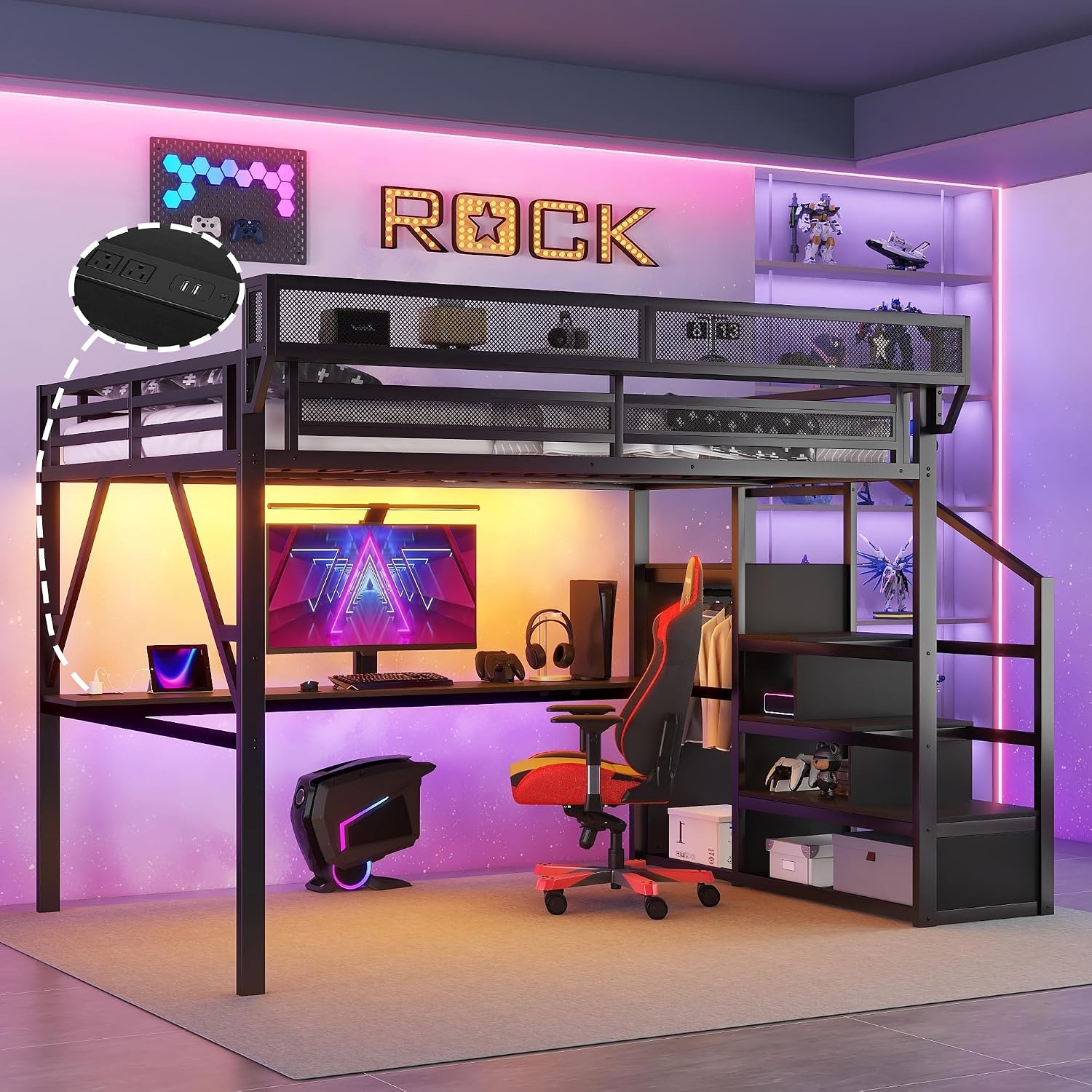 Mirightone Full Size Loft Bed with Desk and Light, Metal Loft Bed Frame with Stairs and Bedside Shelf, Tall Lofts Beds with Storage Shelves and Wardrobe for Kids Teens, Black