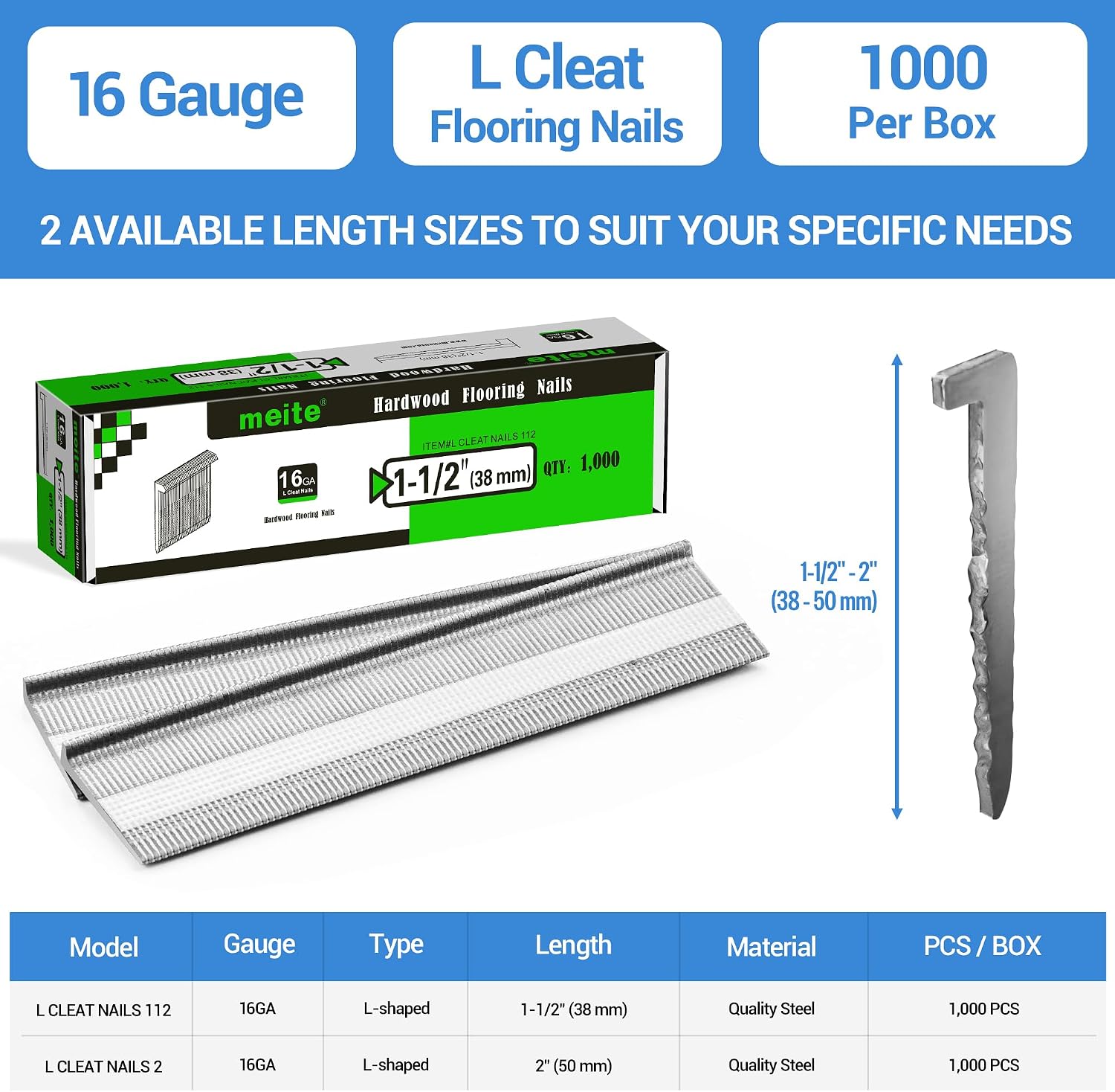 meite 16 Gauge Flooring Nails 1-1/2 Inch, 16GA L Cleat Nails Hardwood Flooring Nails for Flooring Nailer Gun (5 Boxes)