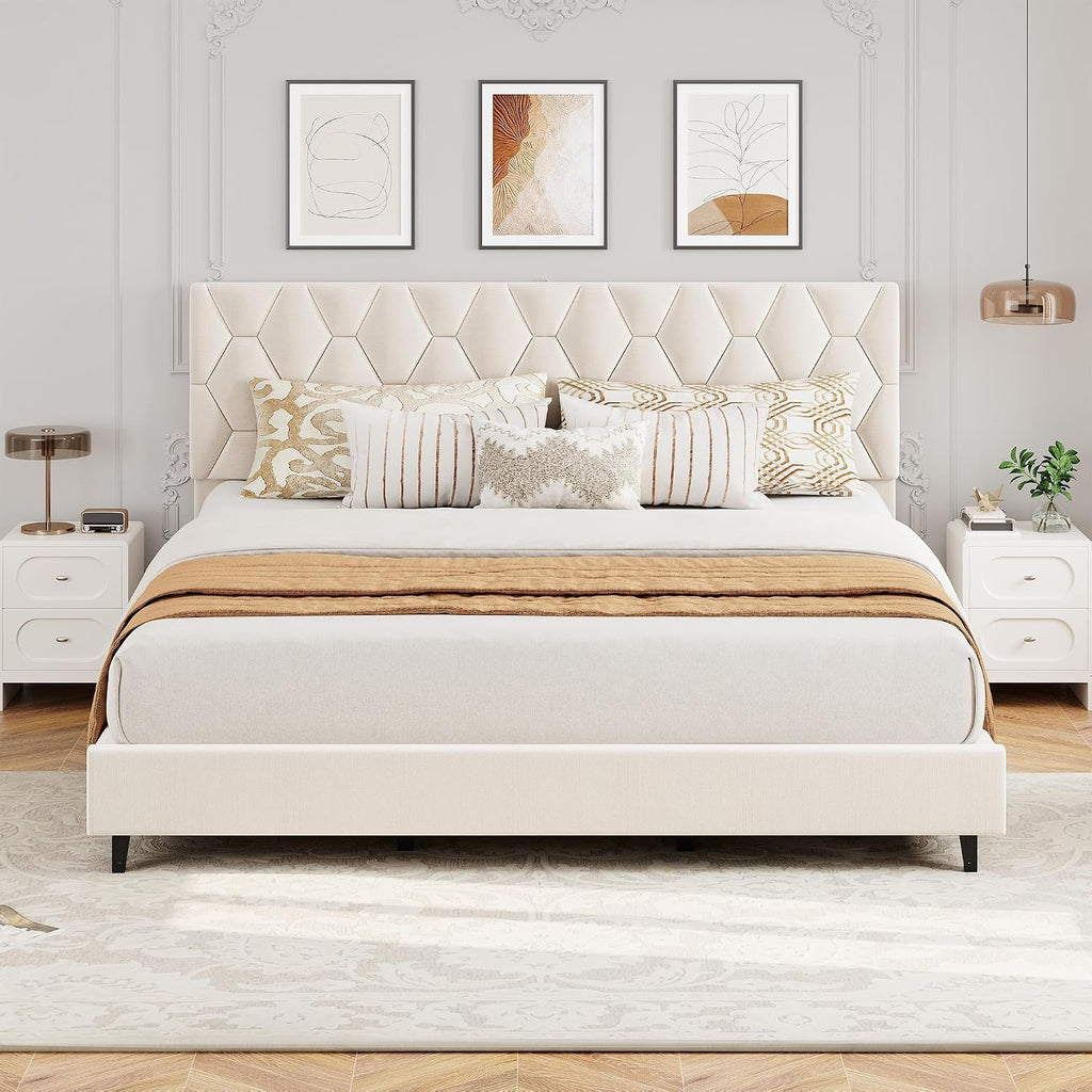 GarveeHome Beige King Bed Frame with Upholstered Headboard, Heavy-Duty Platform Bed Frame with Adjustable Headboard, Strong Wood Slat Support/No Box Spring Needed/Noise Free