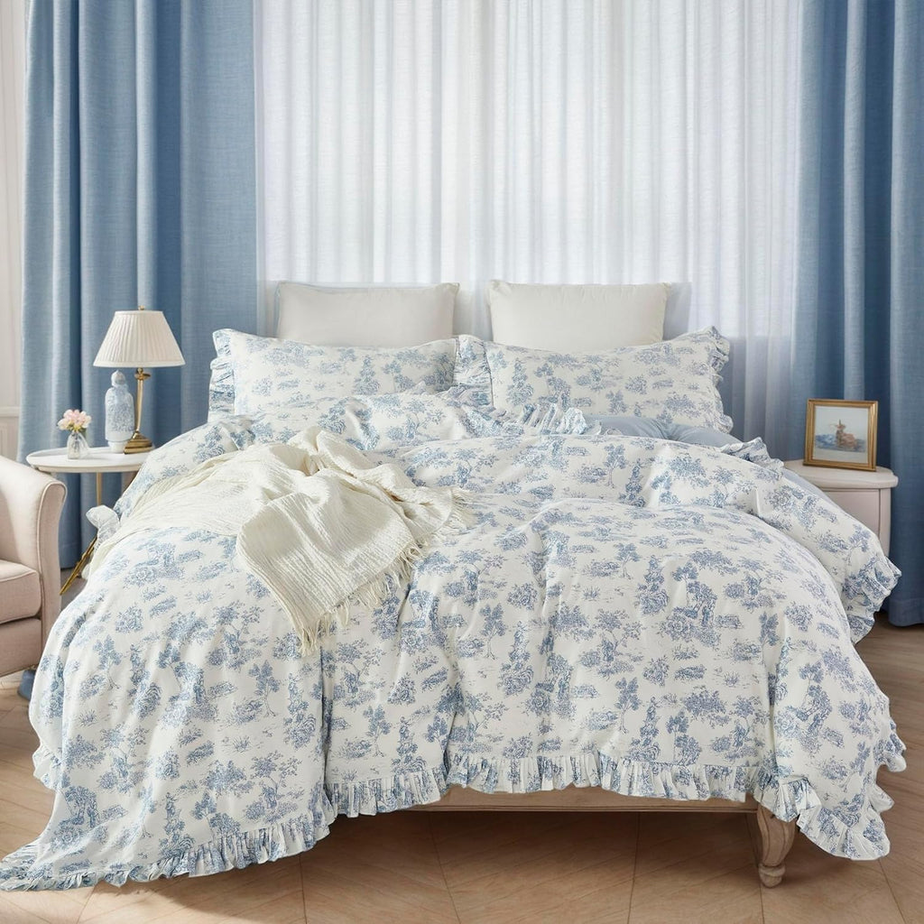 Brandream French Country Garden Toile Floral Duvet Quilt Cover King Size 100% Cotton Bedding Set Toile Tapestry Pattern Blossom Tree Branches Delicate Ruffle Fringe Design