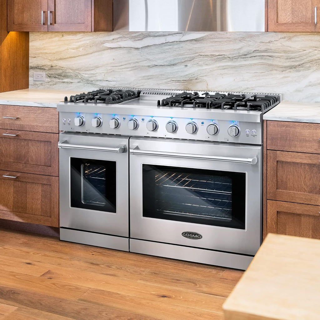COSMO COS-EPGR486G 48 in. Haven Collection 7 cu. ft. Double Oven Gas Range, 6 Burners, Griddle, Convection, Knob LEDs, Stainless Steel
