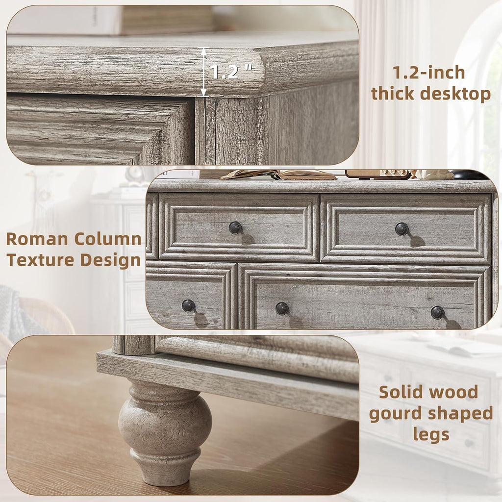 RWYHG Farmhouse Dresser and Nightstand Sets 4 Piece, Wooden 7 Drawers Dresser & 43.5' Tall Chest of Drawers, 18' Roman Column Nightstand Set of 2, Furniture Dressers for Bedroom, Living Room