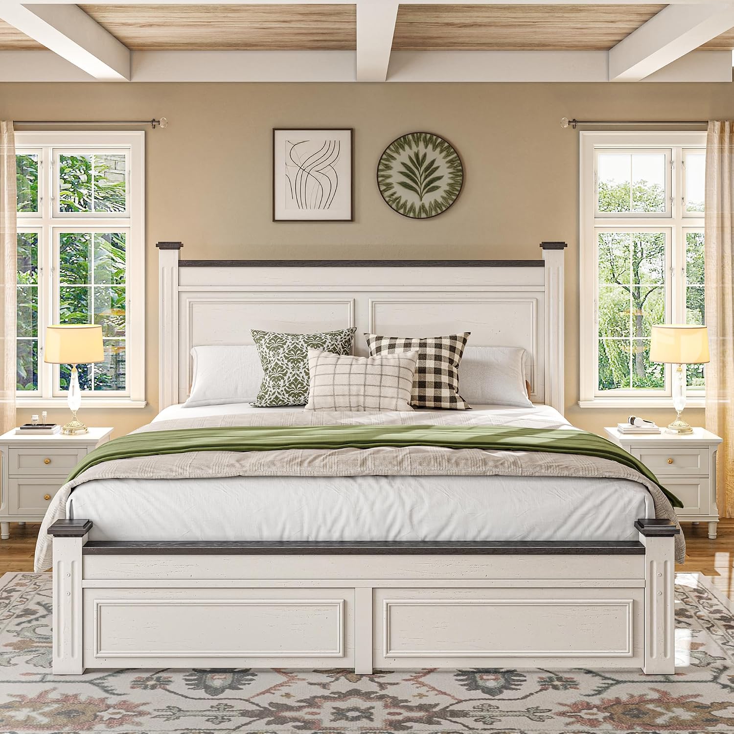 Homkdom Farmhouse Queen Size Bed Frame, 51' Tall Queen Bed Frame with Headboard, Bed Frame with 2 Storage Drawers, No Box Spring Needed, White