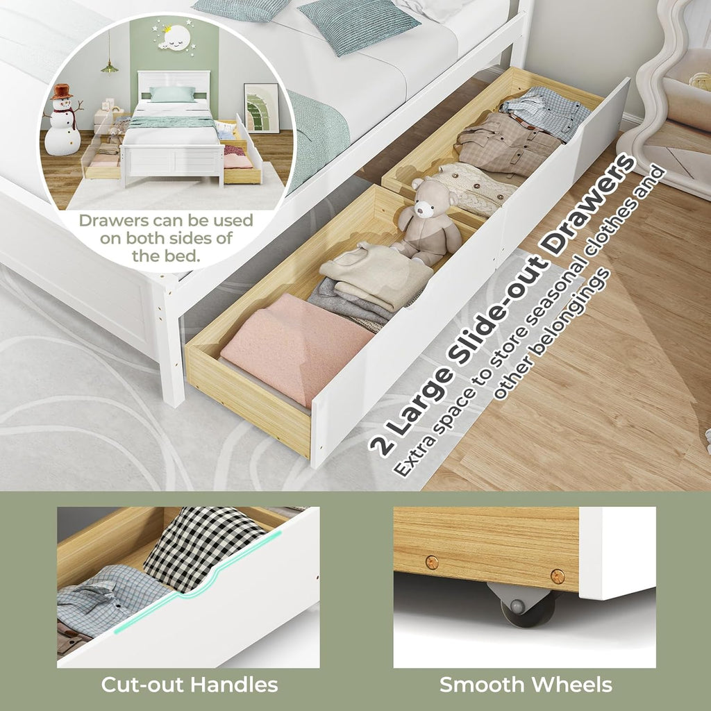 Giantex Wood Twin Bed with 2 Storage Drawers, Solid Wood Platform Bed with Headboard, Wooden Slats Support Mattress Foundation, No Spring Needed, Twin Bed Frame for Kids, Teens, Adults, White