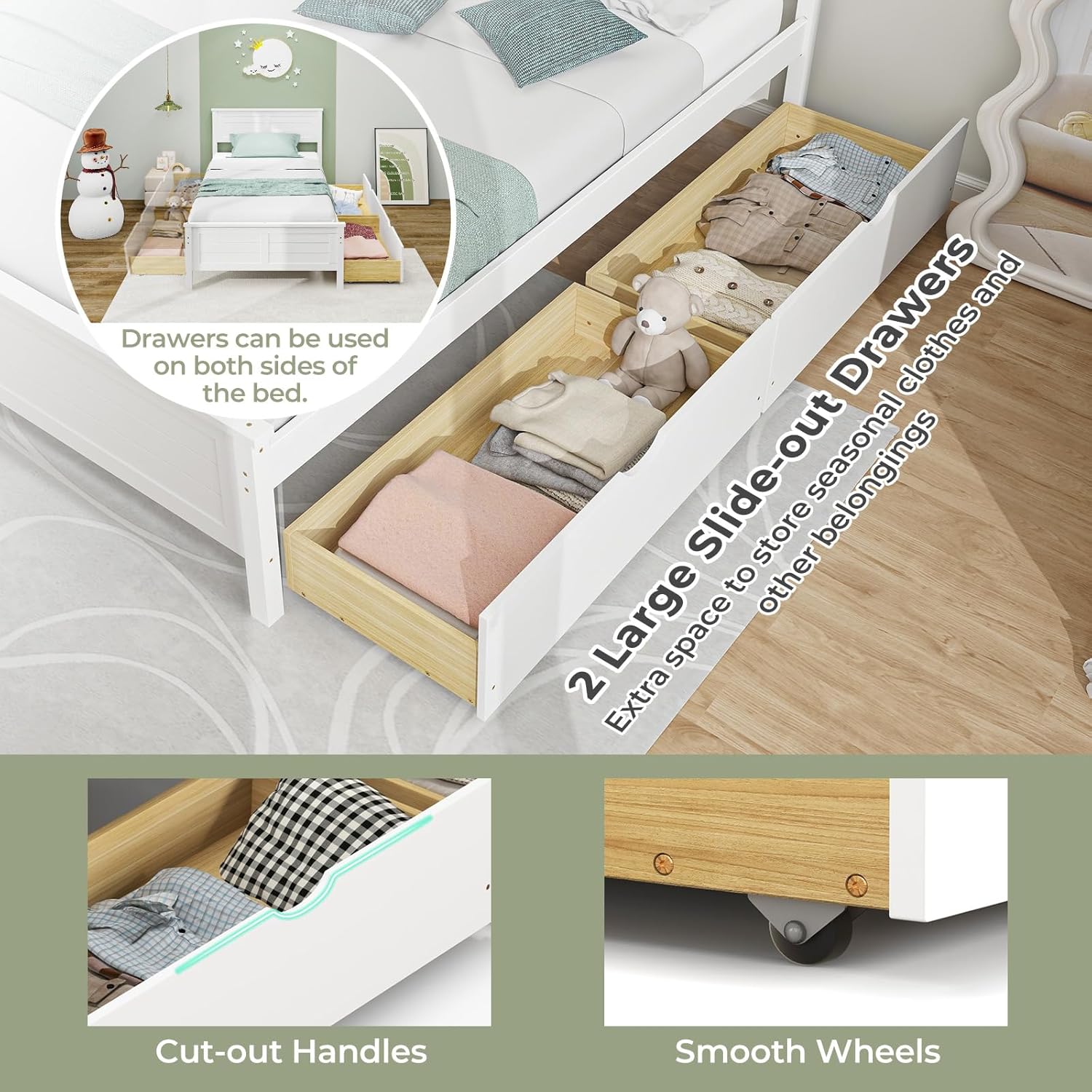 Giantex Wood Twin Bed with 2 Storage Drawers, Solid Wood Platform Bed with Headboard, Wooden Slats Support Mattress Foundation, No Spring Needed, Twin Bed Frame for Kids, Teens, Adults, White