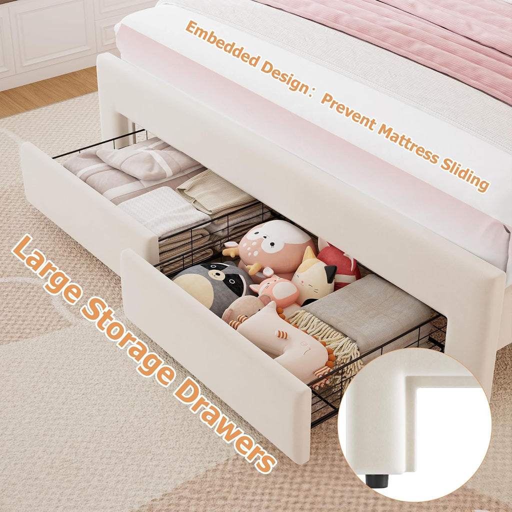 Velvet Upholstered Queen LED Bed Frame with 2 Storage Drawers and Adjustable Chic Double Wavy Headboard, Princess Platform Bed with Charing Station, Solid Wood Slats Support,No Box Spring Needed,Beige