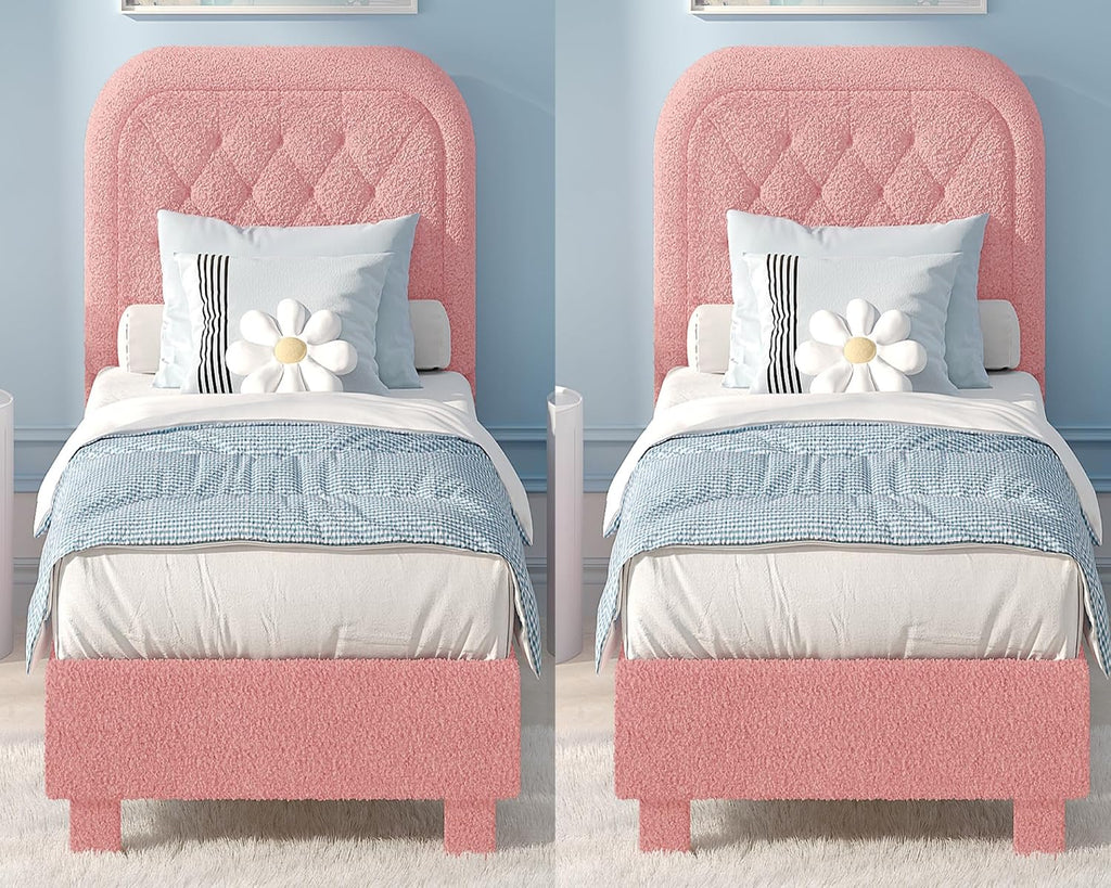 VINGLI Twin Platform Bed Frame Set of 2 with 46 Inches Tall Boucle Upholstered Headboard, Girls Puffy Cloud Princess Single Panel Bed with Rounded Corners for Kids Room, Apartment, Pink | Cream Furniture