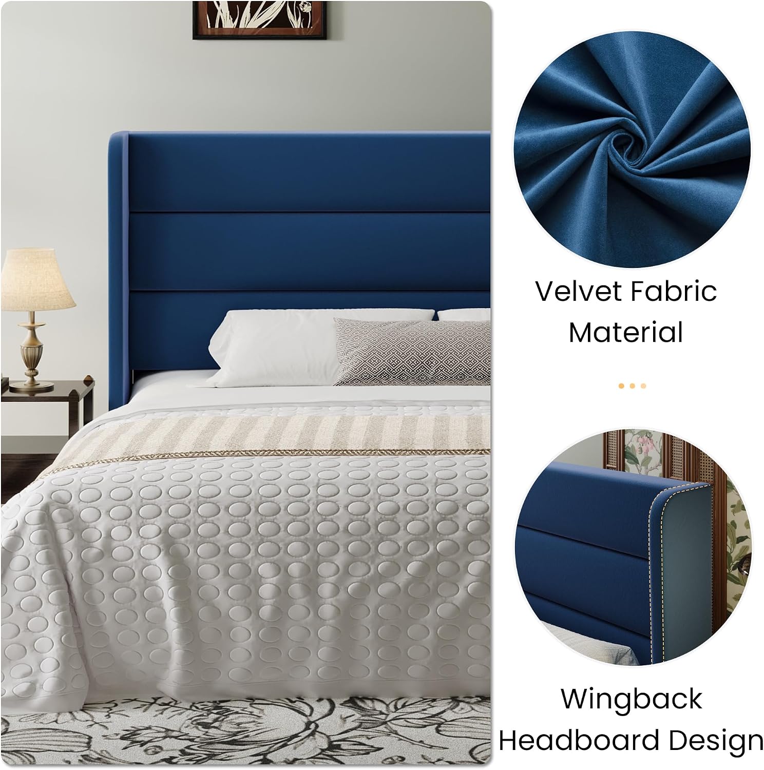 SHA CERLIN King Size Velvet Bed Frame with Wingback Headboard/Upholstered Platform Bed with Wooden Slats/Mattress Foundation/No Box Spring Needed/Easy Assembly/Blue