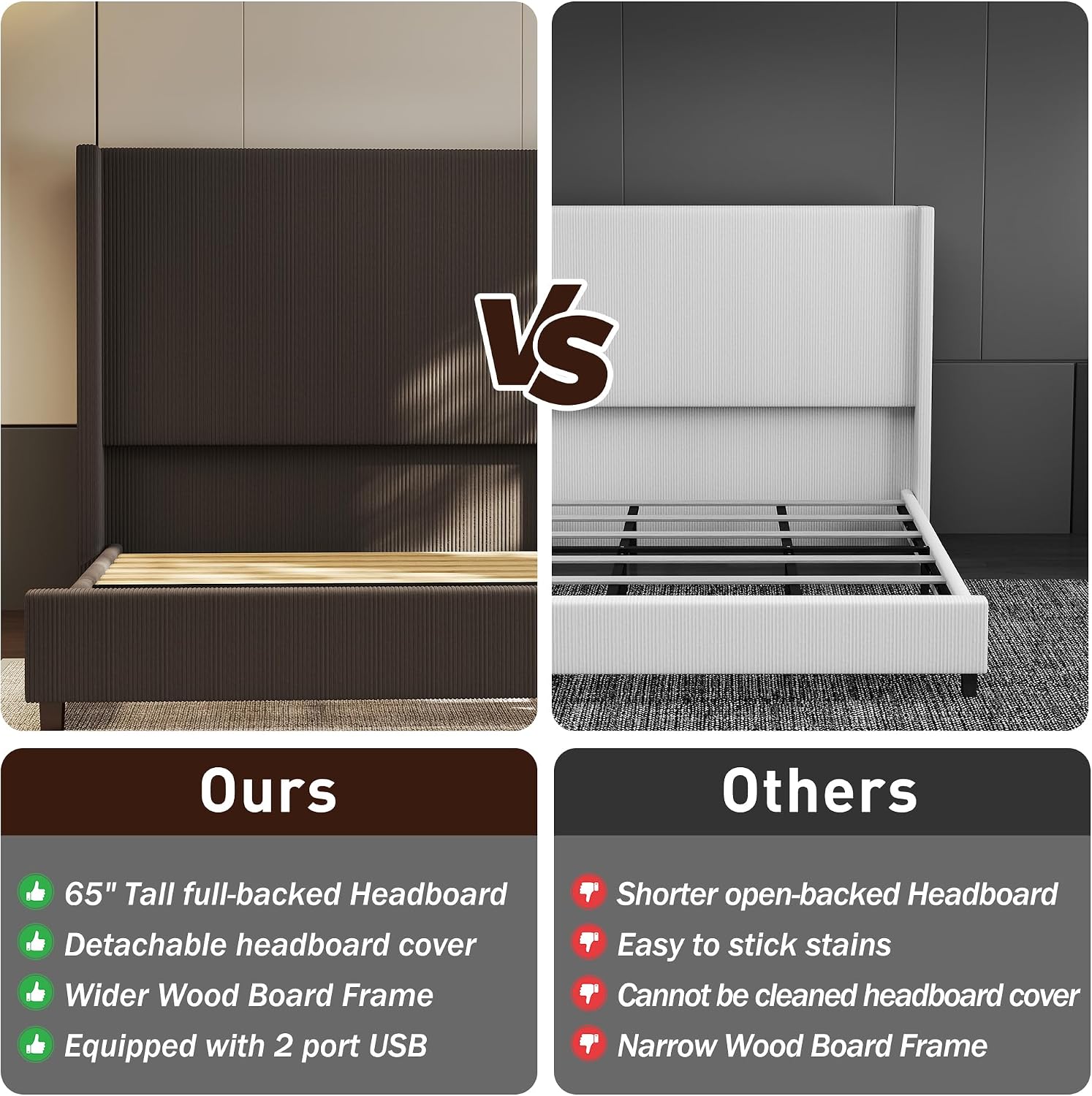 King Size Corduroy Upholstered Bed Frame with 65' Tall Headboard,USB Charging Station,Soft Washable Corduroy Cover with Wingback Headboard, Solid Wood Legs/Noise-Free/No Box Spring Needed/Brown