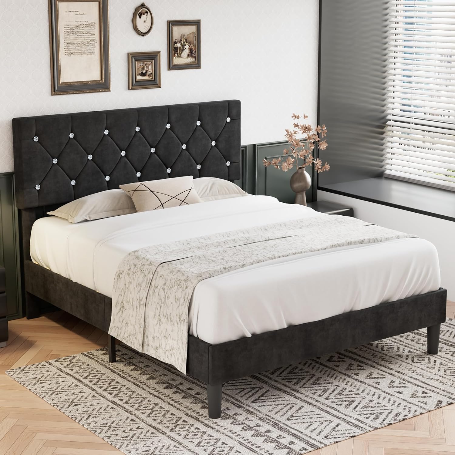 VECELO Full Size Bed Frame with Diamond Tufted Headboard, Upholstered Platform Bedframe with Wood Slat Support, No Box Spring Needed, Velvet & Black