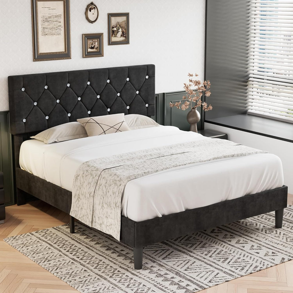 VECELO Queen Size Bed Frame, Upholstered Platform with Adjustable Diamond Tufted Headboard, Wood Slat Support, No Box Spring Needed, Velvet & Black