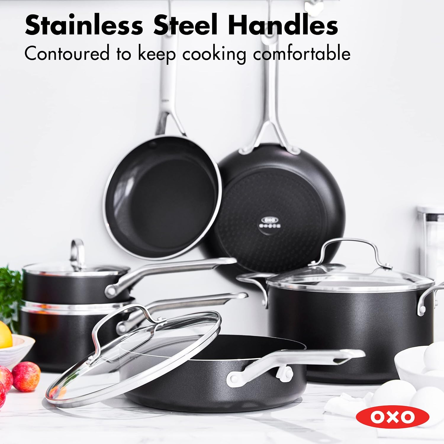 OXO Agility Series 10 Piece Cookware Pots and Pans Set, Ceramic Nonstick PFAS-Free, Induction, Skillets,Saucepans,Lids,Even Heating,Stainless Steel Handles,Chip-Free Rims,Dishwasher & Oven Safe,Black