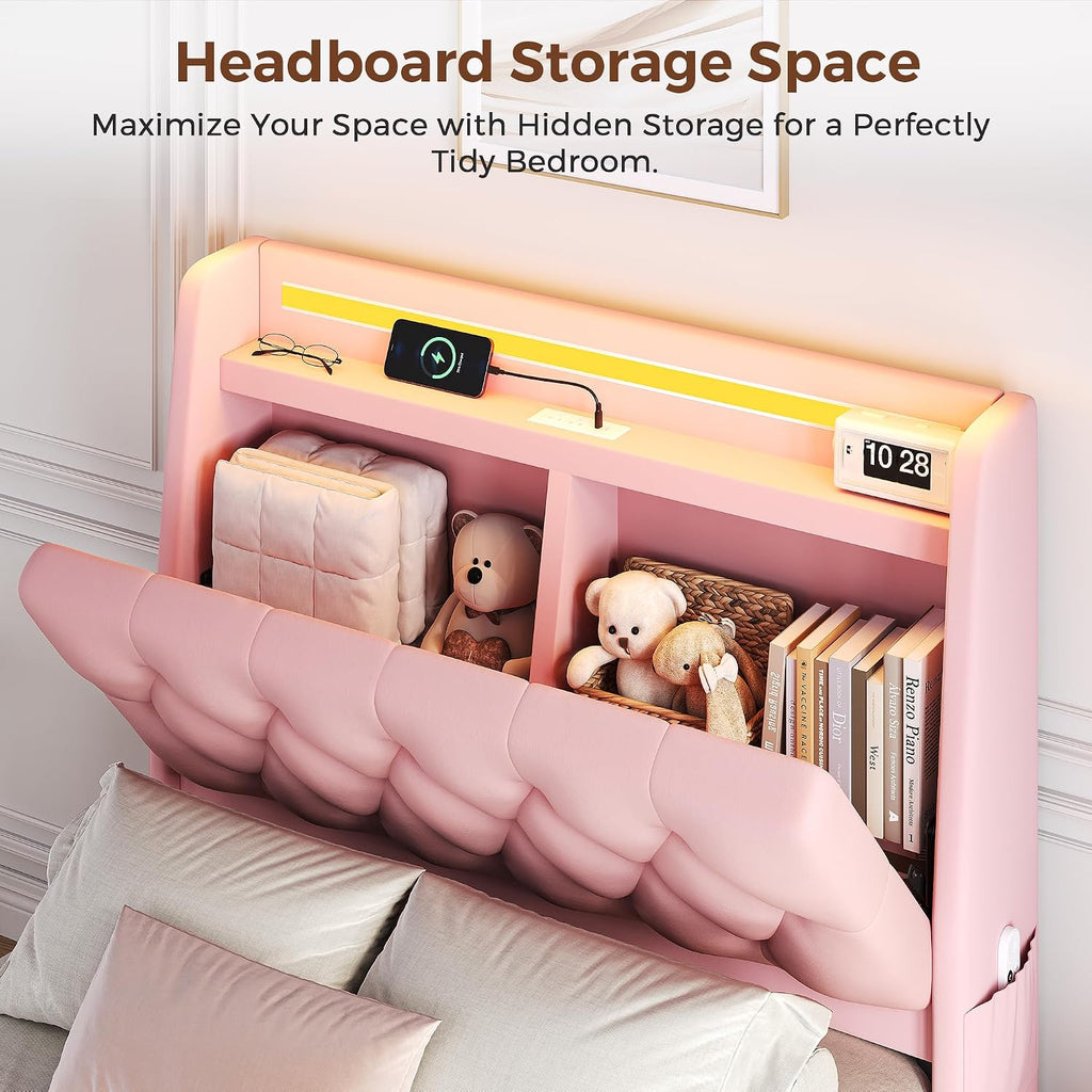 Twin LED Velvet Bed Frame with 2 Storage Drawers&Hidden Headboard, Upholstered Platform Bed with Charging Station&Button Tufted Design, Wooden Slats Support, Box Spring Optional, Easy Assembly, Pink