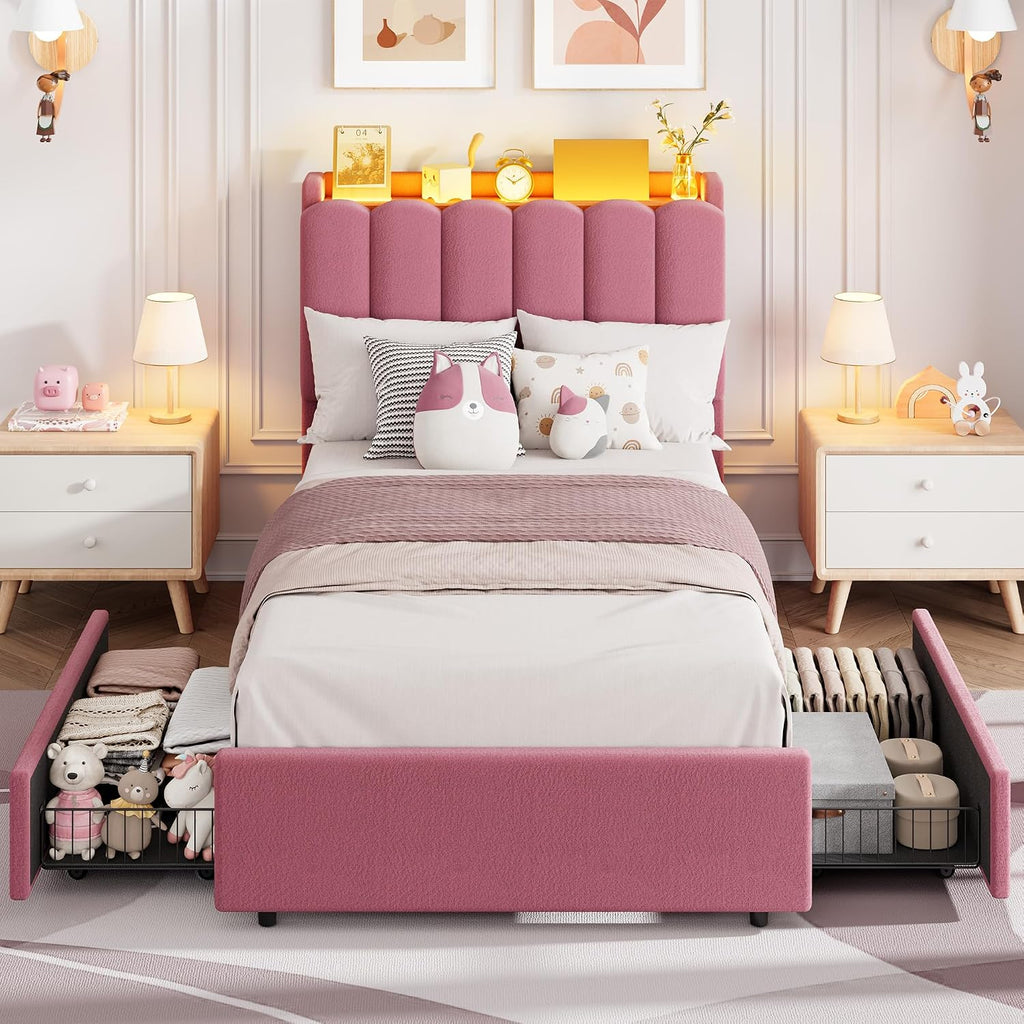 Garvee LED Twin Size Bed Frame with Storage Headboard, Kids Bed Frame with 2 Drawers, Boucle Upholstered Platform Bed for Girls, Chic Wavy Headboard with Bookcase, No Box Spring Needed, Dark Pink