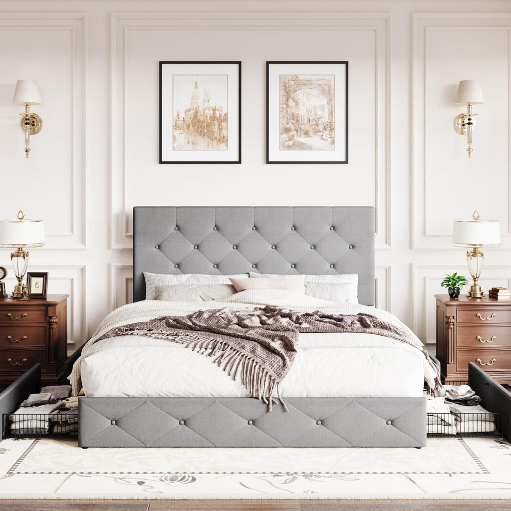 SHA CERLIN Upholstered Full Size Platform Bed Frame with 4 Storage Drawers, Adjustable Headboard with Diamond Stitched Button Tufted Design, Wooden Slat Support, No Box Spring Needed, Light Grey