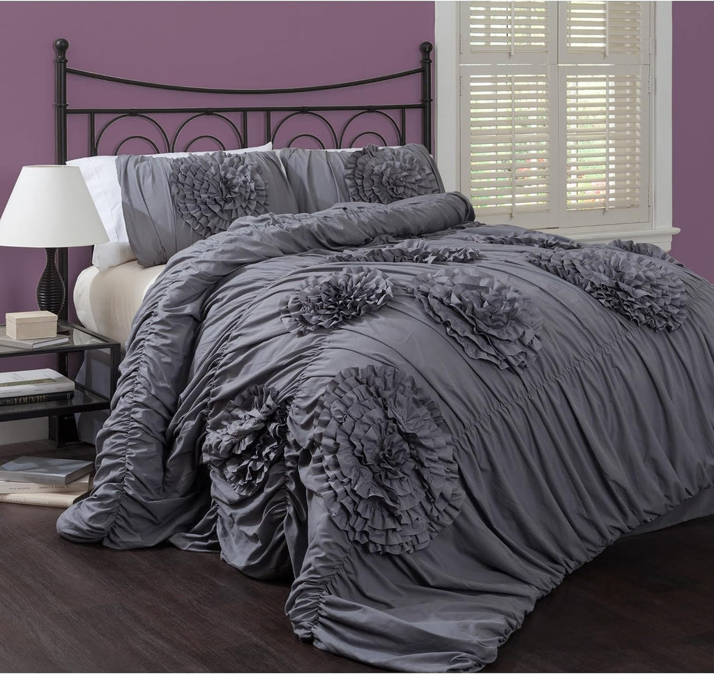 Lush Decor Serena Comforter Set, 3 Piece Set, Full/ Queen, Light Gray - Cute Comforter - Queen Bedding Set - Gray Comforter Queen Size - Coquette Decor