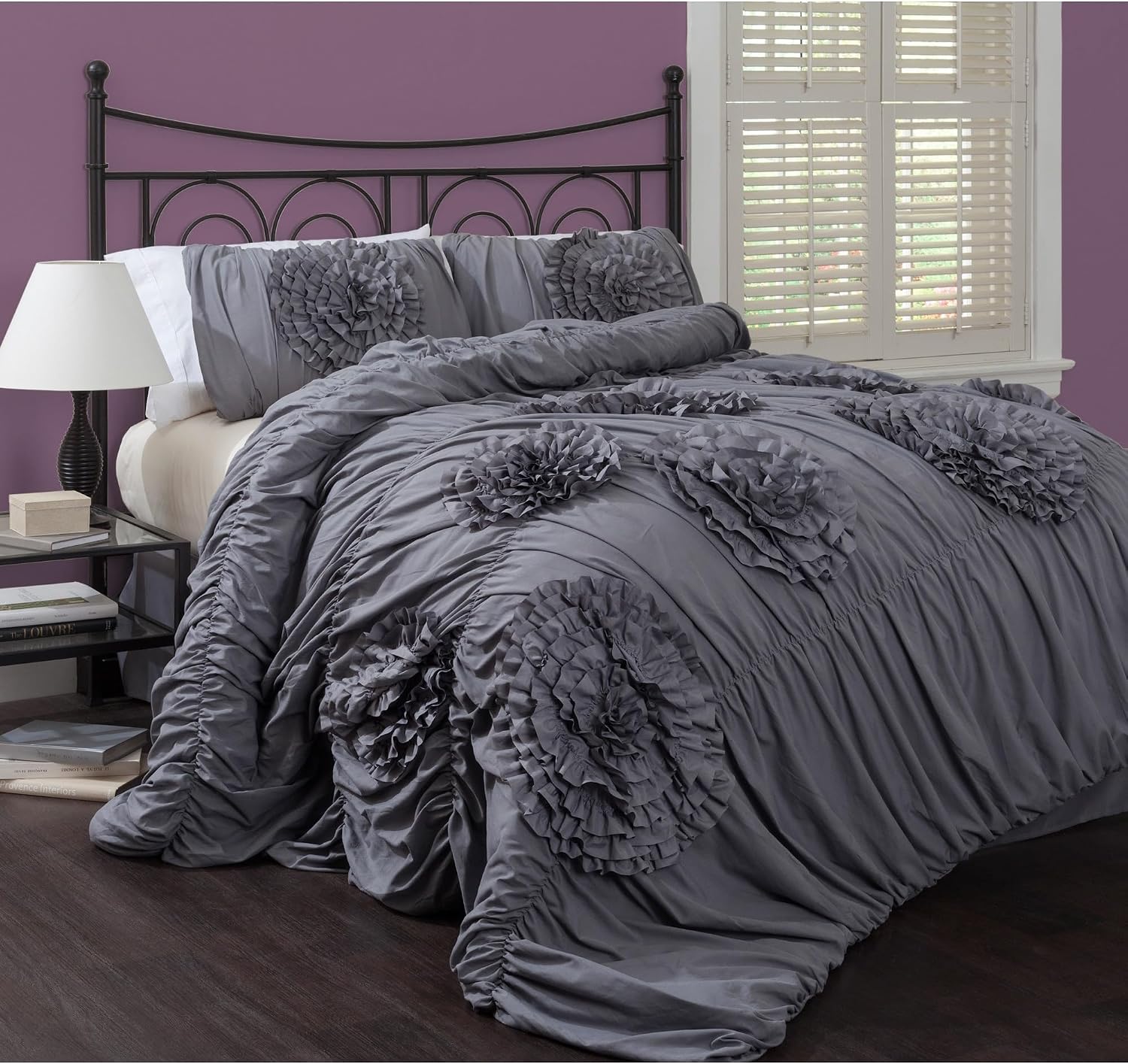 Lush Decor Serena Comforter Set, 3 Piece Set, Full/ Queen, Light Gray - Cute Comforter - Queen Bedding Set - Gray Comforter Queen Size - Coquette Decor