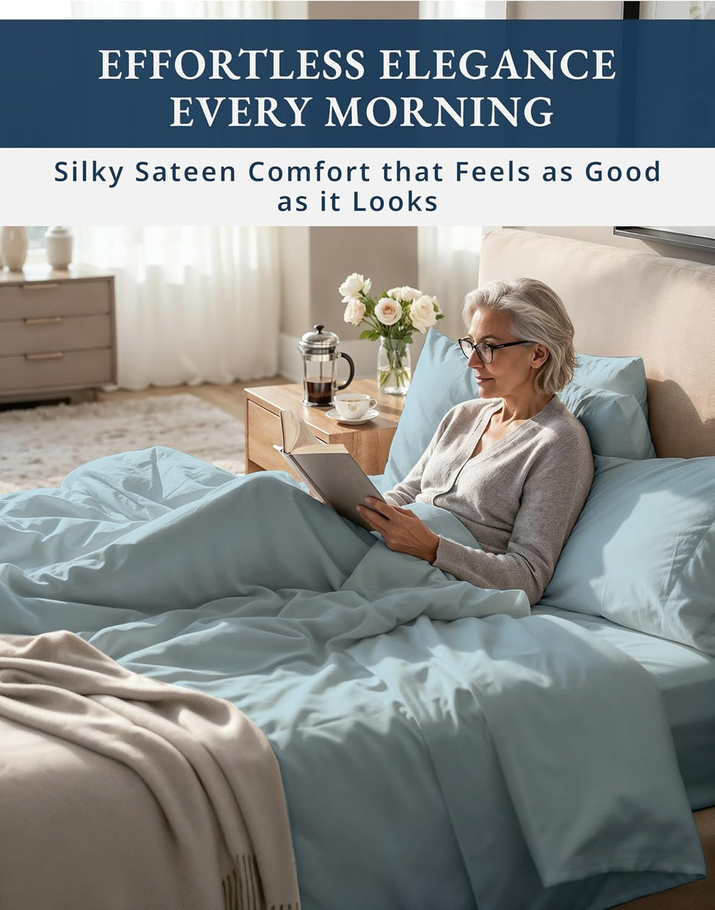 LANE LINEN 1000 Thread Count 100% Egyptian Cotton King Size Sheets – Silky Sateen Weave, Naturally Cooling & Durable, Ultra-Soft Luxury You Can Feel,15' Deep Pocket King Sheet Set – French Blue