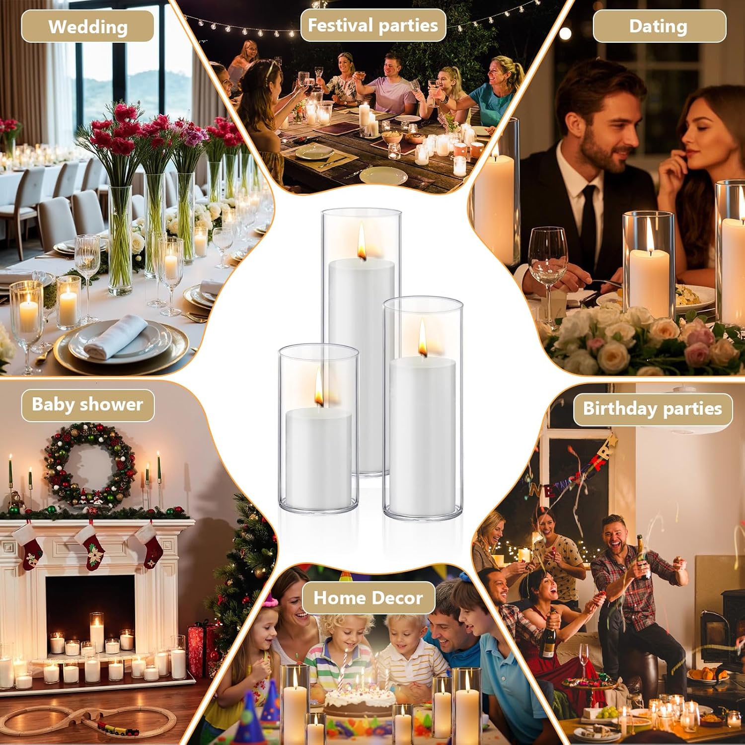 Homjoy 36 PCS White Pillar Candles with Glass Candle Holders Clear Hurricane Candle Holders Glass Cylinder Vases for Centerpieces Wedding Party, Event, Home Office (18 Candles+18 Candle Hoders)