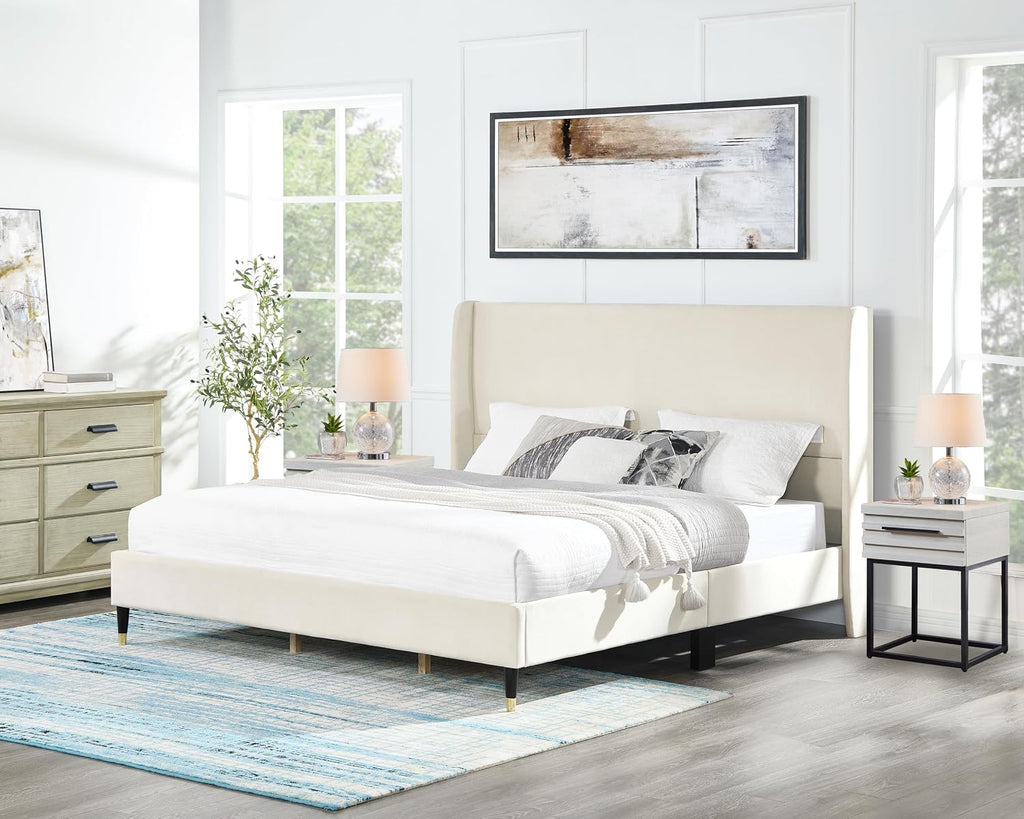 Roundhill Furniture Arles 3-Piece Upholstered Bedroom Set, Wingback Platform Bed with Two Nightstands, Beige Velvet, King