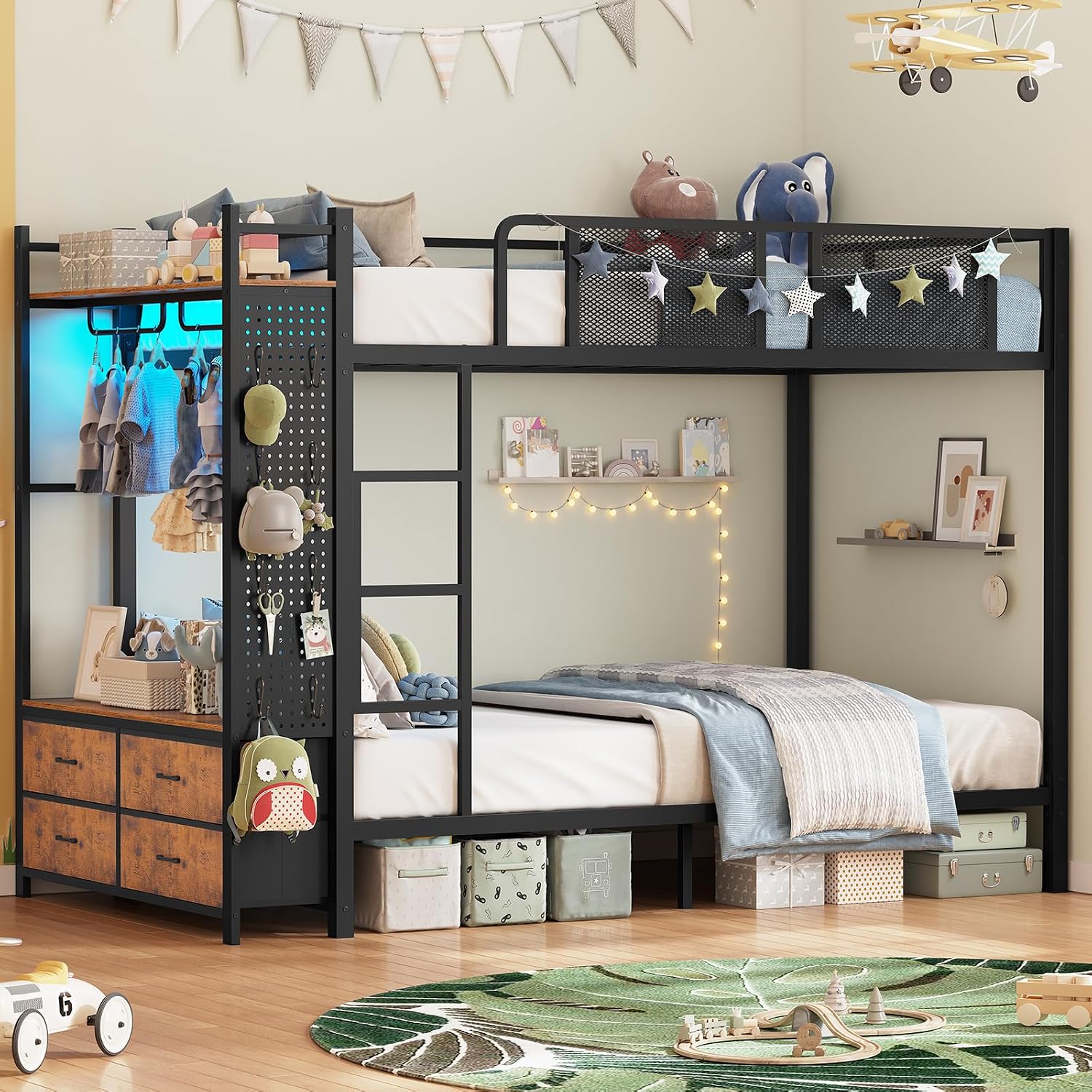 Itaar Metal Bunk Bed Twin Over Twin with Hall Tree, Power Outlet, LED Bunk Bed with 4 Storage Drawers, Bed with Safety Guardrail & Ladders, No Box Spring Needed, Easy Assembly, Rustic Brown