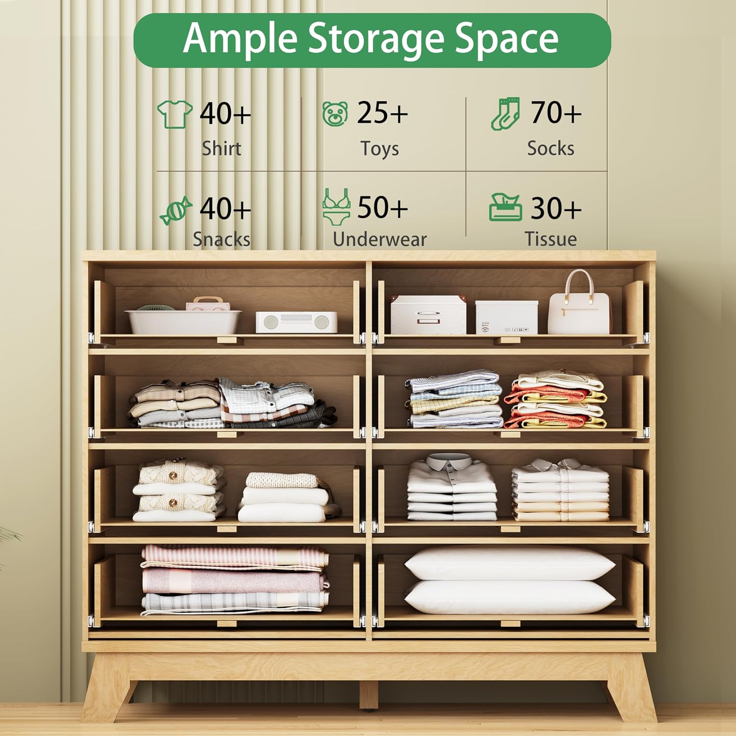 Fluted Dresser for Bedroom with 8 Drawers, 48' Wide Modern Chest of Drawers with Metal Handle, Wooden Dresser TV Stand, Wood Closet Clothes Storage Organizer for Living Room, Hallway, Natural Oak