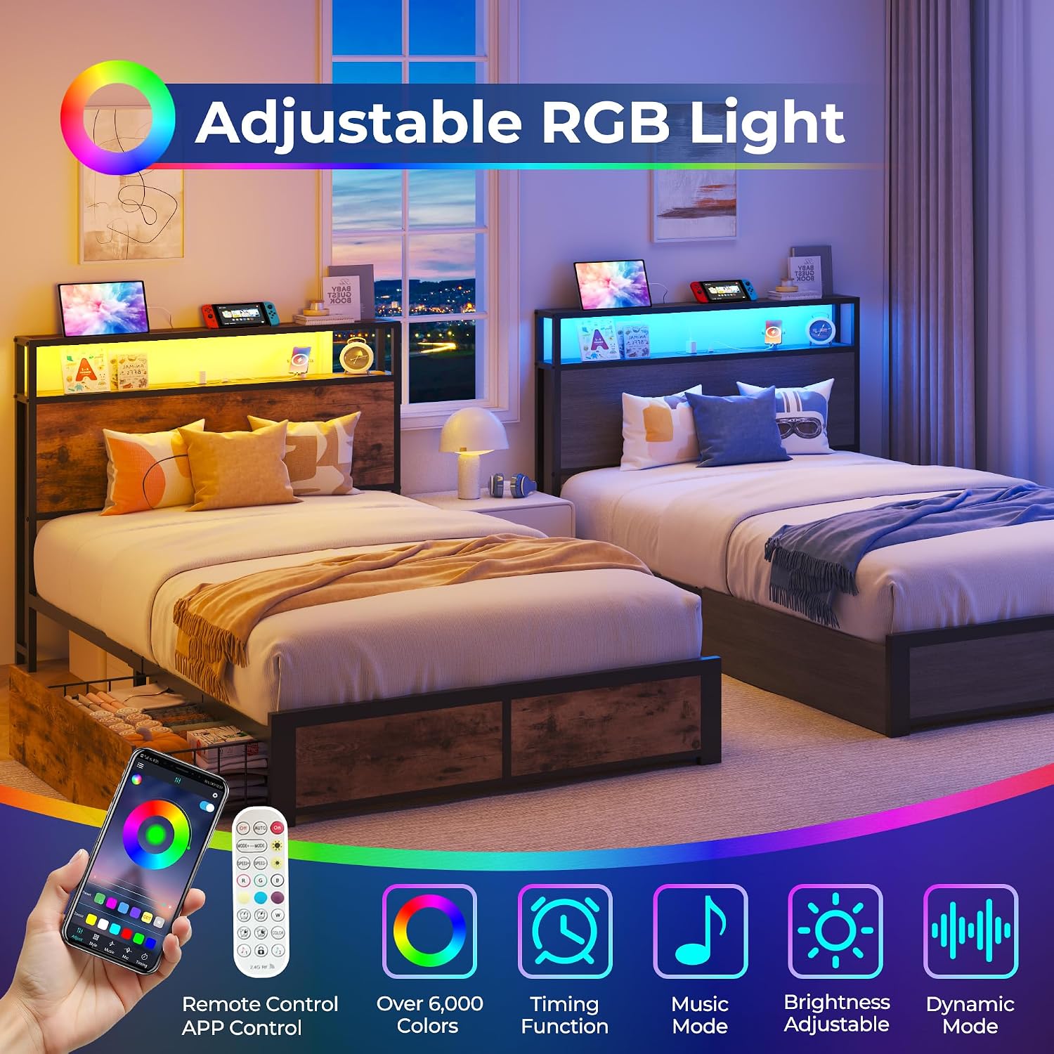 PHGLL Twin Bed Frame with 2-Tier Storage Headboard, Twin Size Metal Bed Frame with 2 Storage Drawers, 3-in-1 Charging Station & RGB LED, Noise-Free/Metal Support/No Box Spring Needed, Rustic Brown