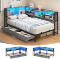 Hasuit Corner Bed Frame Twin with 2 Drawers and Storage Bookcase, Daybed with Charging Station and LED Lights, Metal Platform Bed with Bookshleves,Twin Size Bed Frame for Kids Teens Guests, Oak Gray