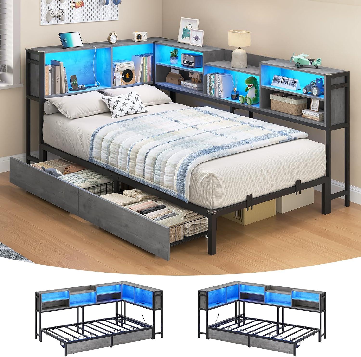 Hasuit Corner Bed Frame Twin with 2 Drawers and Storage Bookcase, Daybed with Charging Station and LED Lights, Metal Platform Bed with Bookshleves,Twin Size Bed Frame for Kids Teens Guests, Oak Gray