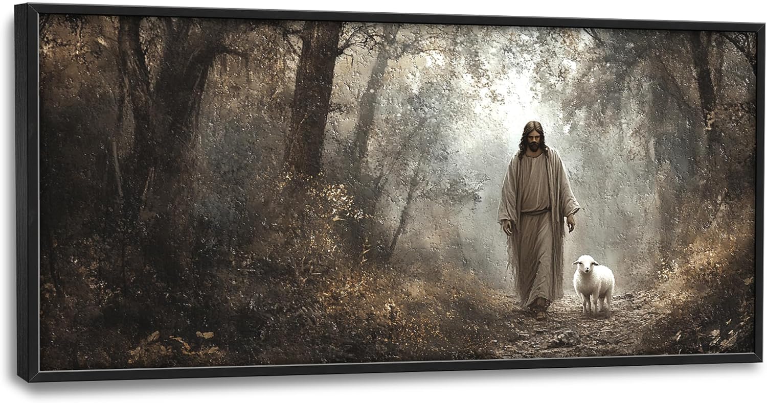 Vintage Christian Large Wall Art Framed Religious Wall Decor for Living Room Jesus Lamb Pictures Oversized Canvas Print Painting Modern Extra Large Artwork for Bedroom Office 60'x30'