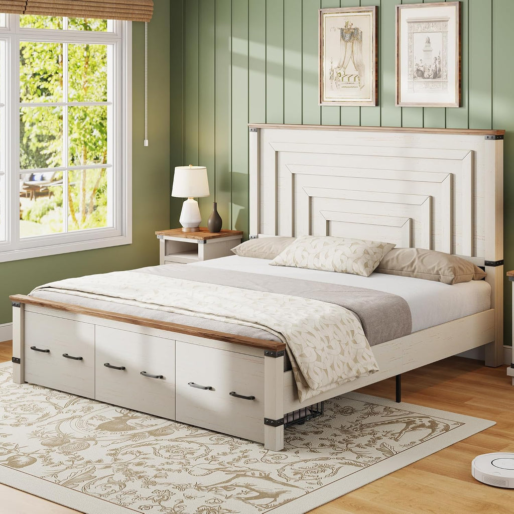 AMERLIFE Farmhouse 2-Pieces Wood Bedroom Set, Including Rustic King Size Bed Frame with 51' Tall Headboard, 6 Drawers Large Dresser Chests, Heavy-Duty Thick Plank Styling, Antique White
