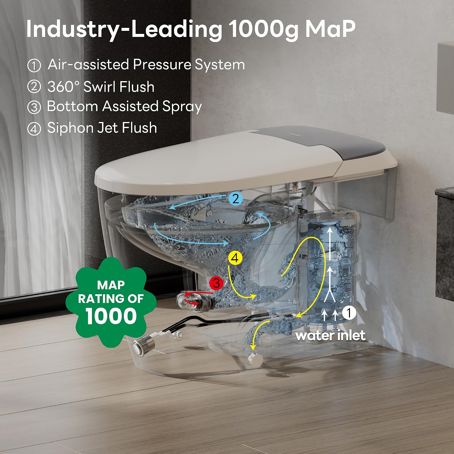 CASTA DIVA CD-W10V Non-electric Elongated Smart Toilet with Bidet, Map Flush 1000 Grams,ADA Comfort Height,Built-in Air Pressure-Assisted System for Power Flush,Soft Open and Close, 1.0GPF