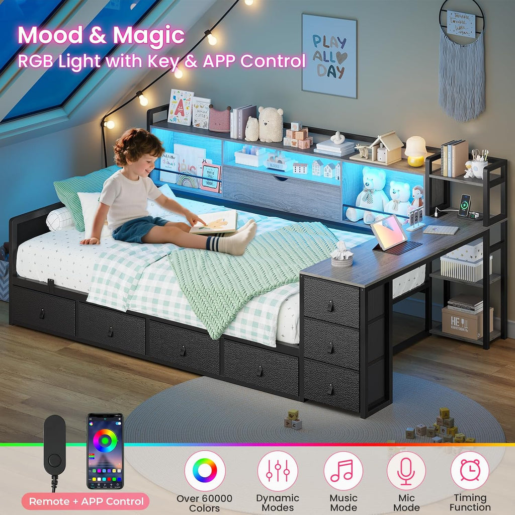 ADORNEVE Corner Bed Frame Twin Size with Desk, Storage Bookcase & 7 Drawers, Twin Metal Platform Daybed with Charging Station and RGB Lights, for Kids Bedroom, Black&Oak Gray