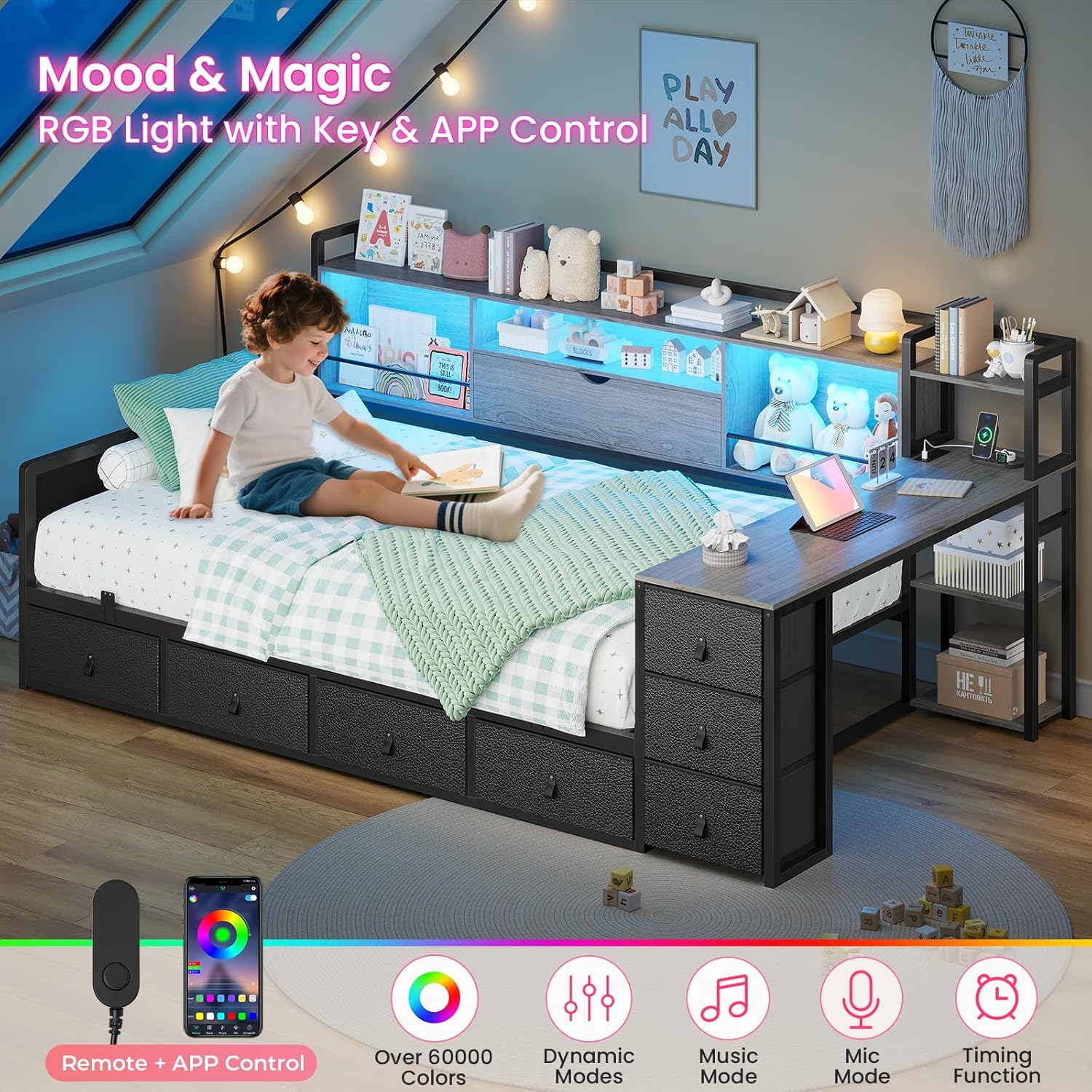 ADORNEVE Corner Bed Frame Twin Size with Desk, Storage Bookcase & 7 Drawers, Twin Metal Platform Daybed with Charging Station and RGB Lights, for Kids Bedroom, Black&Oak Gray