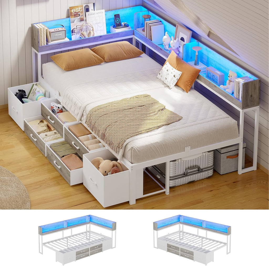 MSmask 14 Inch Corner Bed Frame with Bookcase Storage, Twin Daybed with 6 Drawers, Charging Station and LED Light, Twin Size Metal Platform Bed Frame for Kids Teenagers, White & Oak Grey