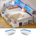 MSmask 14 Inch Corner Bed Frame with Bookcase Storage, Twin Daybed with 6 Drawers, Charging Station and LED Light, Twin Size Metal Platform Bed Frame for Kids Teenagers, White & Oak Grey