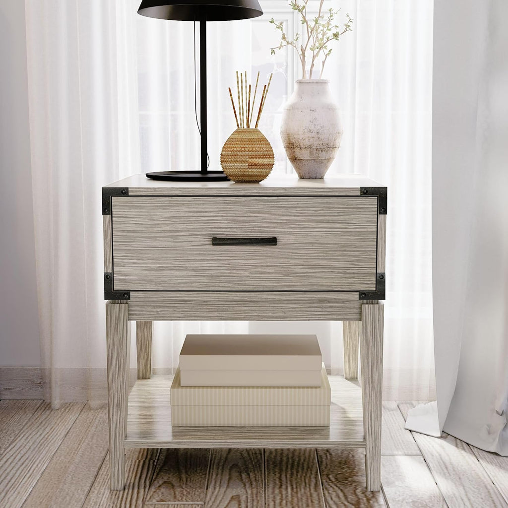Plank+Beam Contempo Wood Nightstand with 1 Drawer, Wooden Side Table for Bedroom Storage, Bedside End Table, Seashell Wirebrush