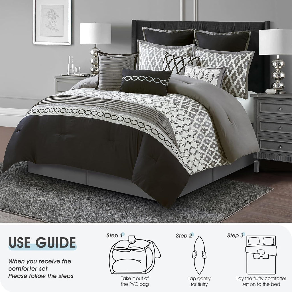 LANCO MODERN LIFESTYLE King Size Comforter Set, Black, 10 Piece Bed in a Bag for All Seasons, Luxury Extreme Comfort Bedding Sets with Bedskirt, Pillow Shams, Euro Shams and Decor Pillows
