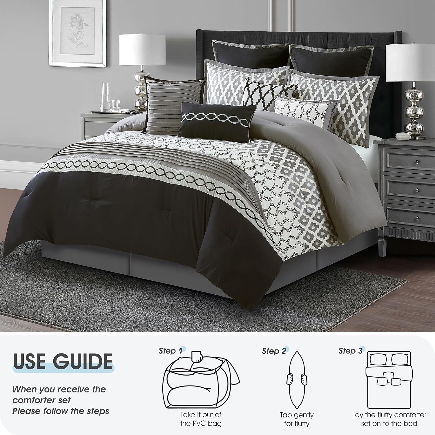 LANCO MODERN LIFESTYLE King Size Comforter Set, Black, 10 Piece Bed in a Bag for All Seasons, Luxury Extreme Comfort Bedding Sets with Bedskirt, Pillow Shams, Euro Shams and Decor Pillows