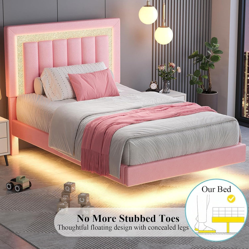 HOMBCK Floating Twin Bed Frame with LED Lights, Faux Leather Upholstered Bed Frame Twin with Diamond Headboard, No Box Spring Needed, Noise-Free, Easy Assembly, Pink