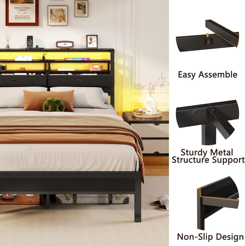 Furnulem Full Size Bed Frame with Headboard & 2 Fabric Drawers, Full Platform Bed Featuring LED Lights, Built-in Charging Station & Storage Shelves, Metal Slats, No Box Spring Needed – Black Oak