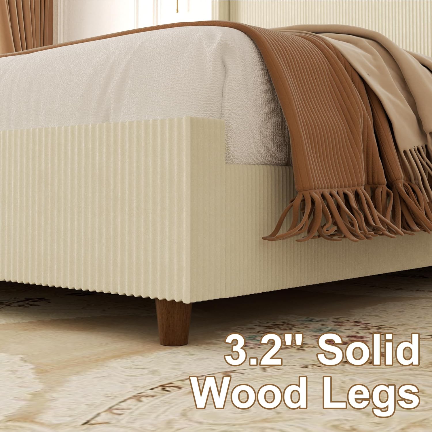 Sismplly 62'' Tall King Size Bed Frame with Corduroy Upholstered Platform Bed, Extra Wingback Headboard and Vertical Stripe, Box Spring Option, Solid Wood Slats, Noise Free, Beige-Yellow