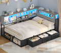 ADORNEVE Twin Corner Bed Frame with Bookcase Storage & LED Light Headboard, Charging Station, Metal Daybed with 3 Drawers & 2 Open Cubbies, for Small Bedrooms, Black & Oak Grey
