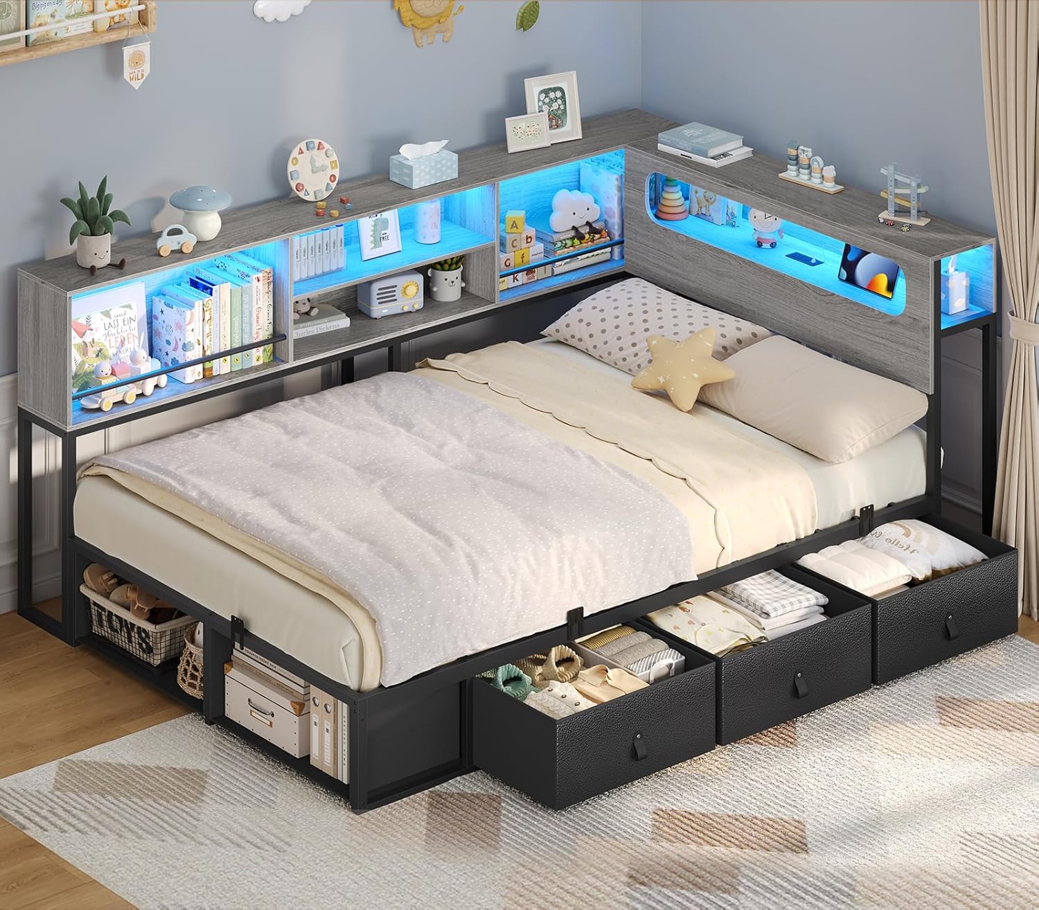 ADORNEVE Twin Corner Bed Frame with Bookcase Storage & LED Light Headboard, Charging Station, Metal Daybed with 3 Drawers & 2 Open Cubbies, for Small Bedrooms, Black & Oak Grey
