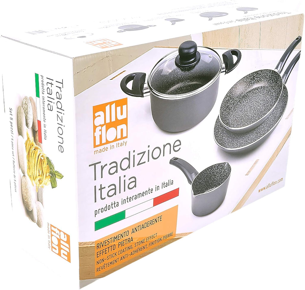ALLUFLON Tradition Italia Battery 5 Pieces, Frying Pan 24-28 cm, Casserole 1 Handle 14 cm, Casserole 2 Handles 20 cm and Lid 20 cm, Aluminium