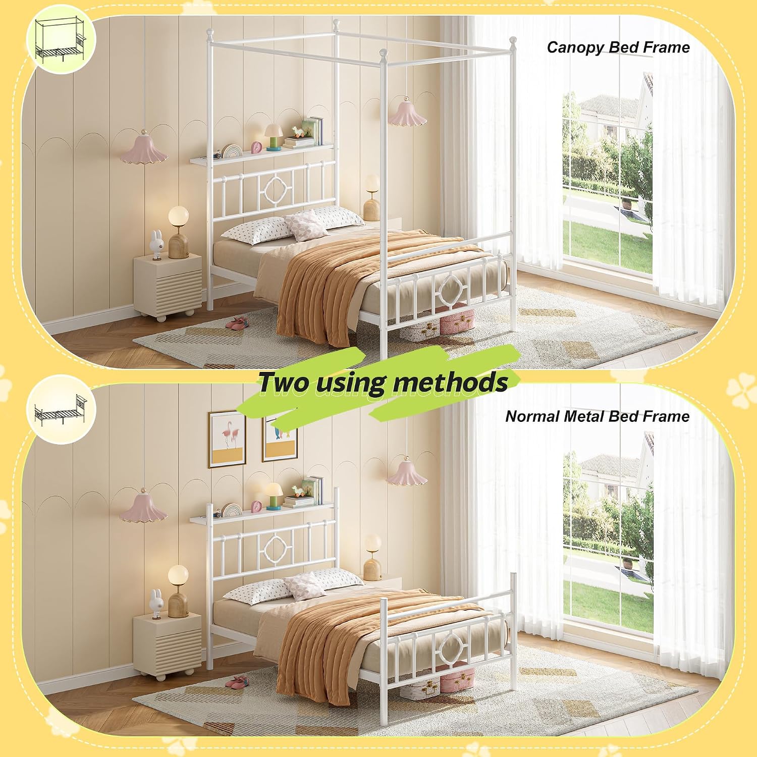 Homkdom Canopy Bed Frame with Storage Headboard, Twin Size Bed Frame with 4 Removable Posts, Sturdy Metal Platform with Under-Bed Storage, Dual Purpose Bed Frame, No Box Spring Needed, White