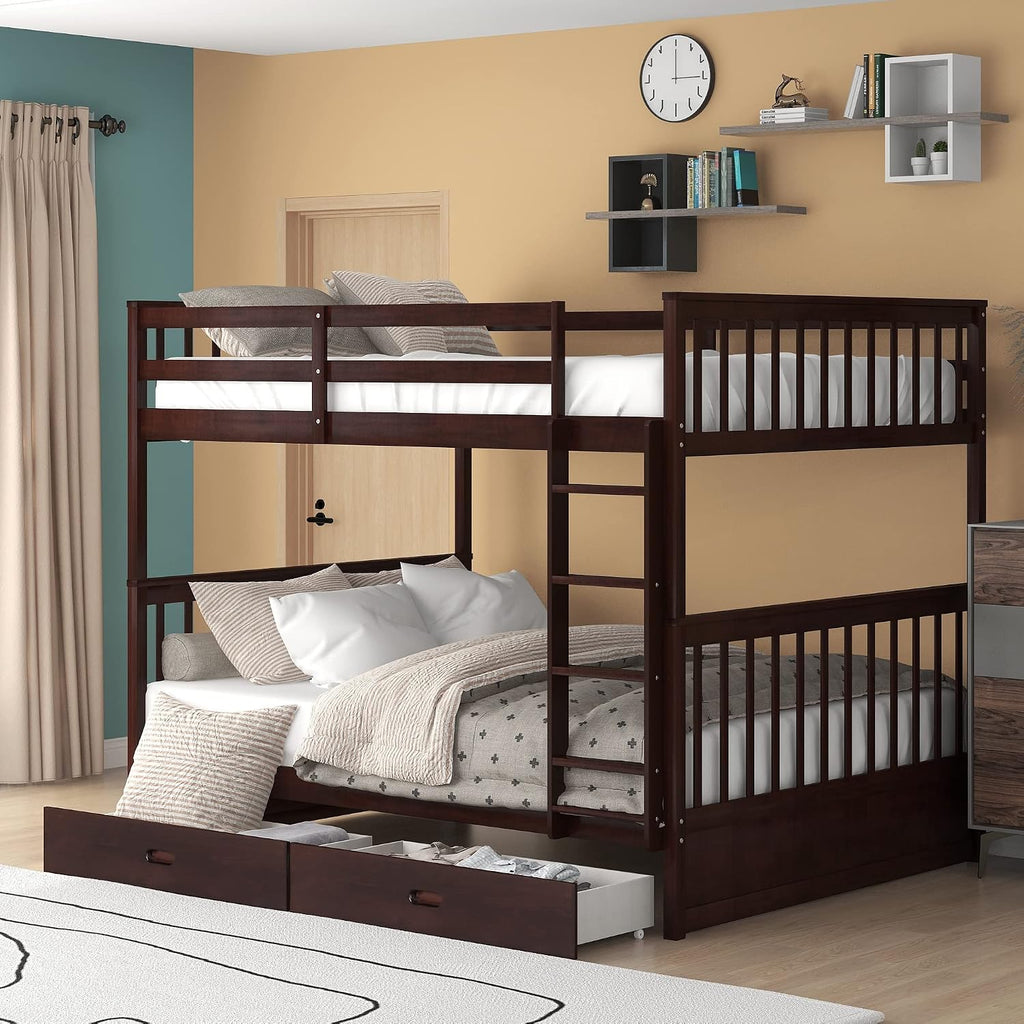 Harper & Bright Designs Full Over Full Bunk Bed with 2 Drawers, Solid Wood Platform Bed with Ladder, Full Length Guardrail and Headboard, No Spring Box Needed, Espresso